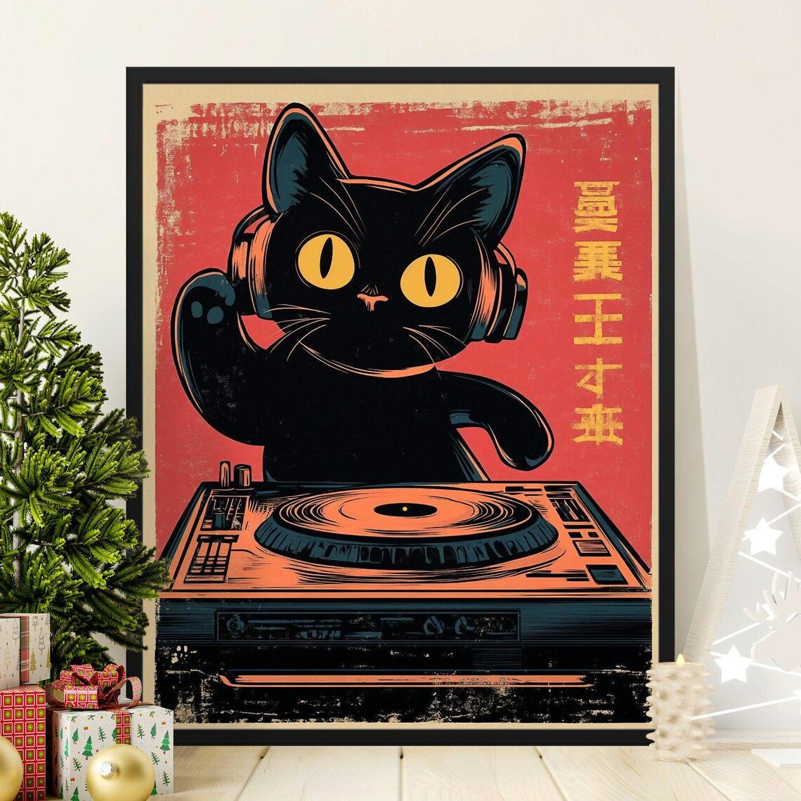 Black Cat DJ With Headphones On Turntable Retro Japanese Music Art Poster
