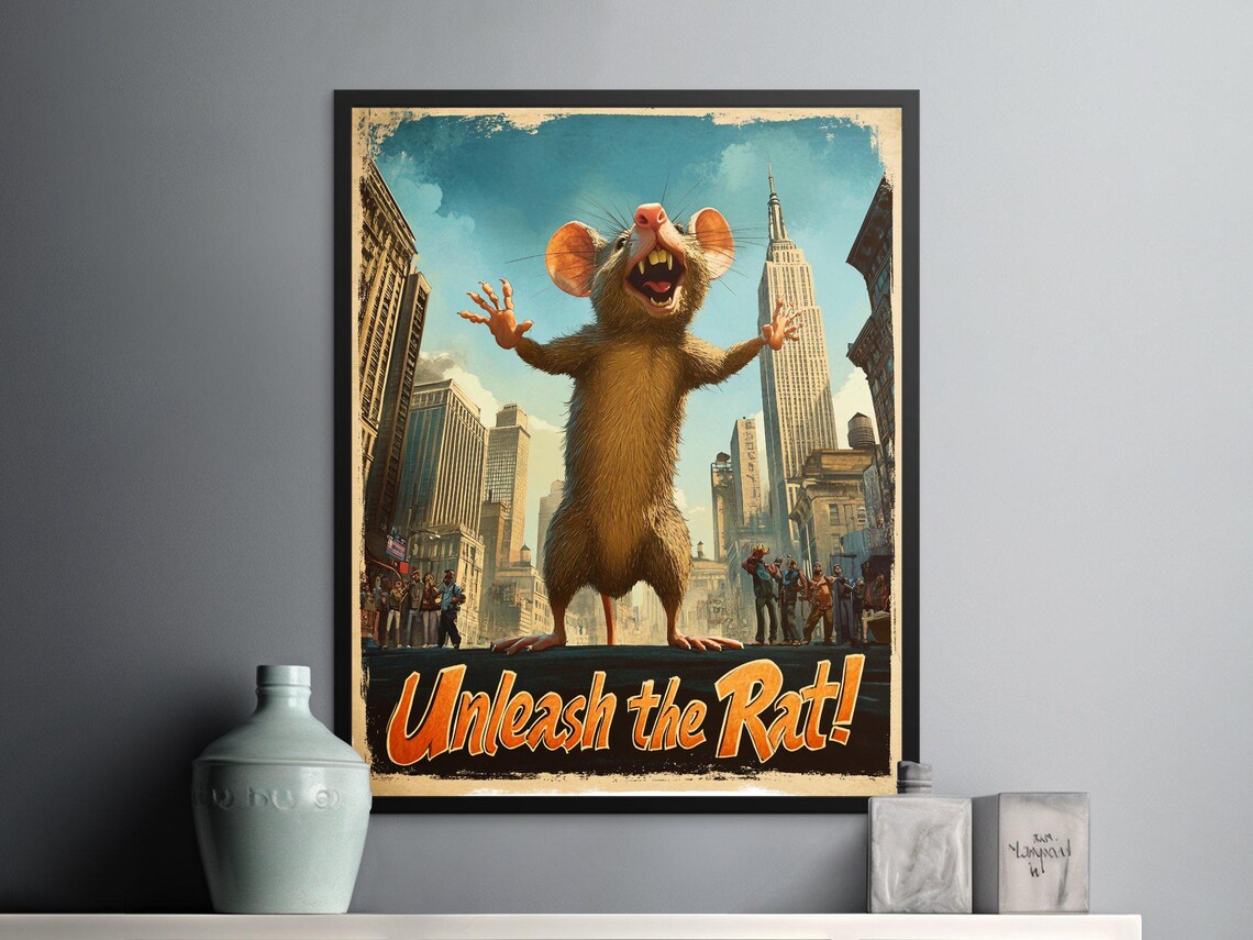Giant Rat Attacking New York City Retro Funny Movie Style Art Poster
