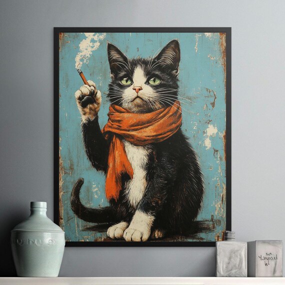 Cool Cat In Orange Scarf Smoking Cigarette Vintage Portrait Poster