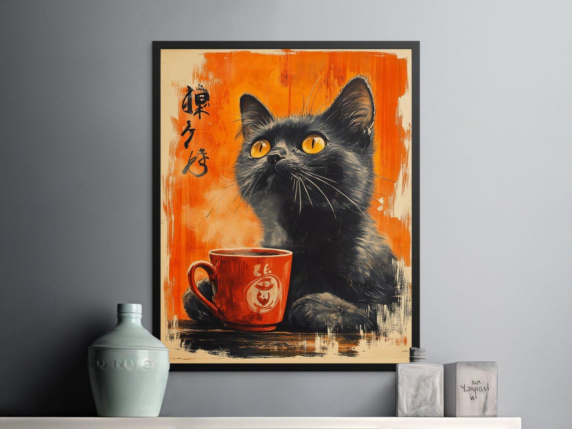 Black Cat With Red Coffee Cup Japanese Calligraphy Orange Poster