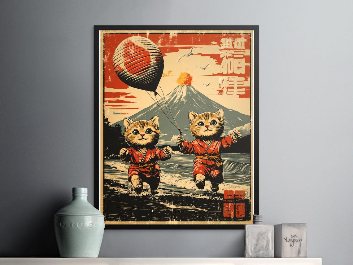 Cute Kittens Hot Air Balloon Beach Mount Fuji Sunset Retro Poster - Image 2