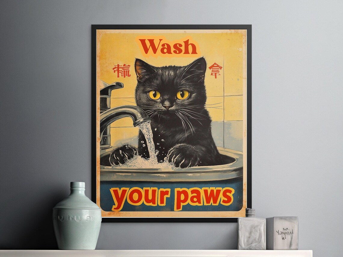 Black Cat Washing Paws In Sink Funny Wash Your Paws Bathroom Wall Art Poster - Image 3