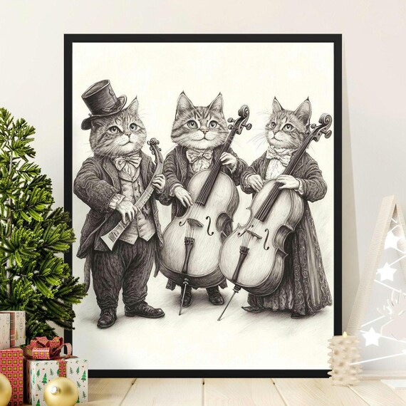 Cat Orchestra Playing Cellos Vintage Engraving Style Classical Wall Art