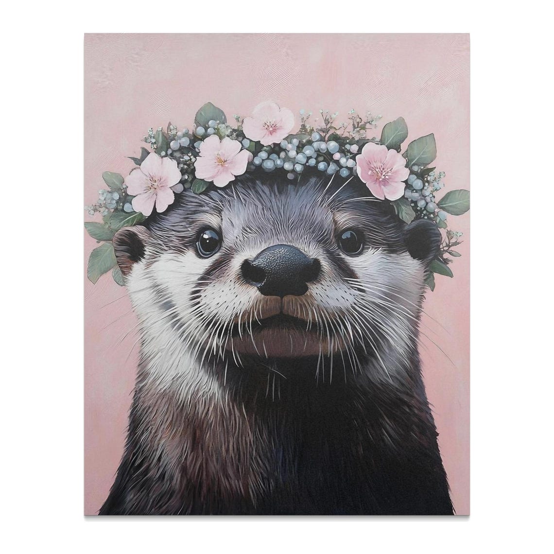 Otter With Pink Blossom Flower Crown on Pink Background Wall Art - Image 2
