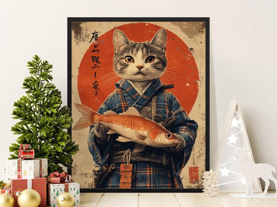 Cat Samurai In Kimono Holding Red Fish Japanese Rising Sun Poster