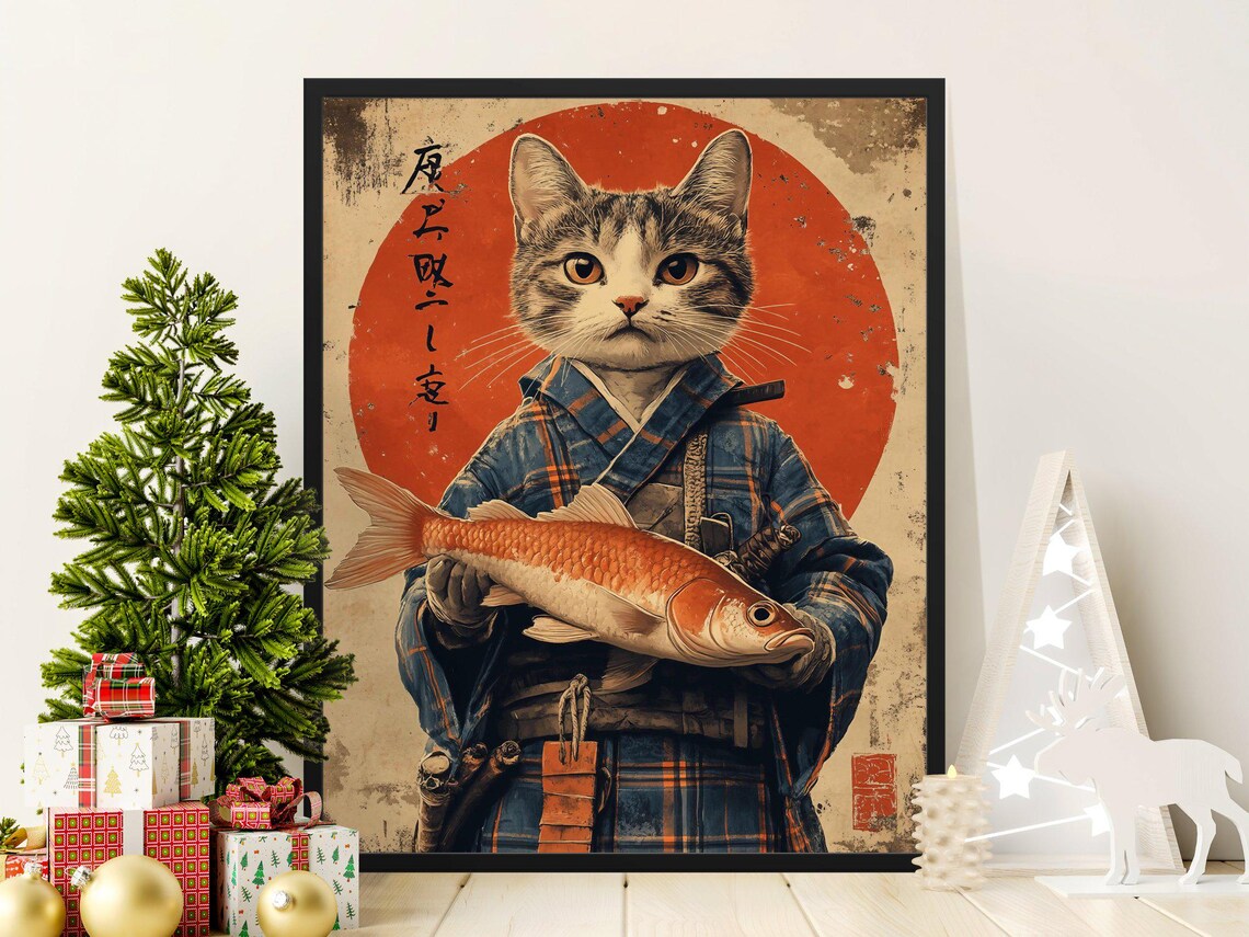 Cat Samurai In Kimono Holding Red Fish Japanese Rising Sun Poster
