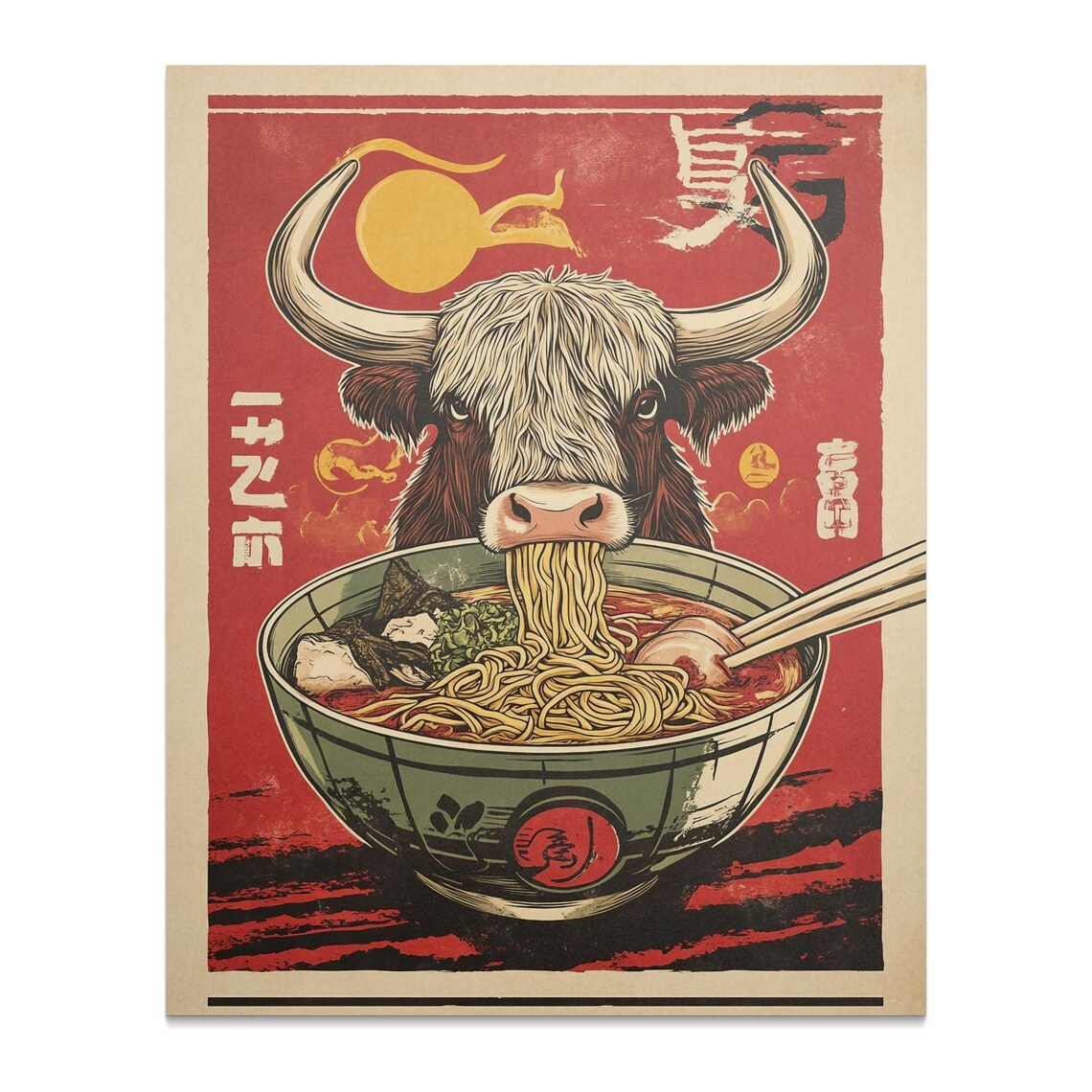 Longhorn Bull Eating Ramen Retro Japanese Noodle Bowl Poster - Image 2