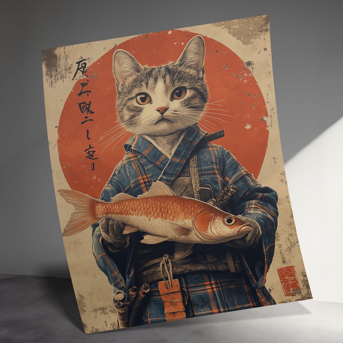 Cat Samurai In Kimono Holding Red Fish Japanese Rising Sun Poster - Image 3