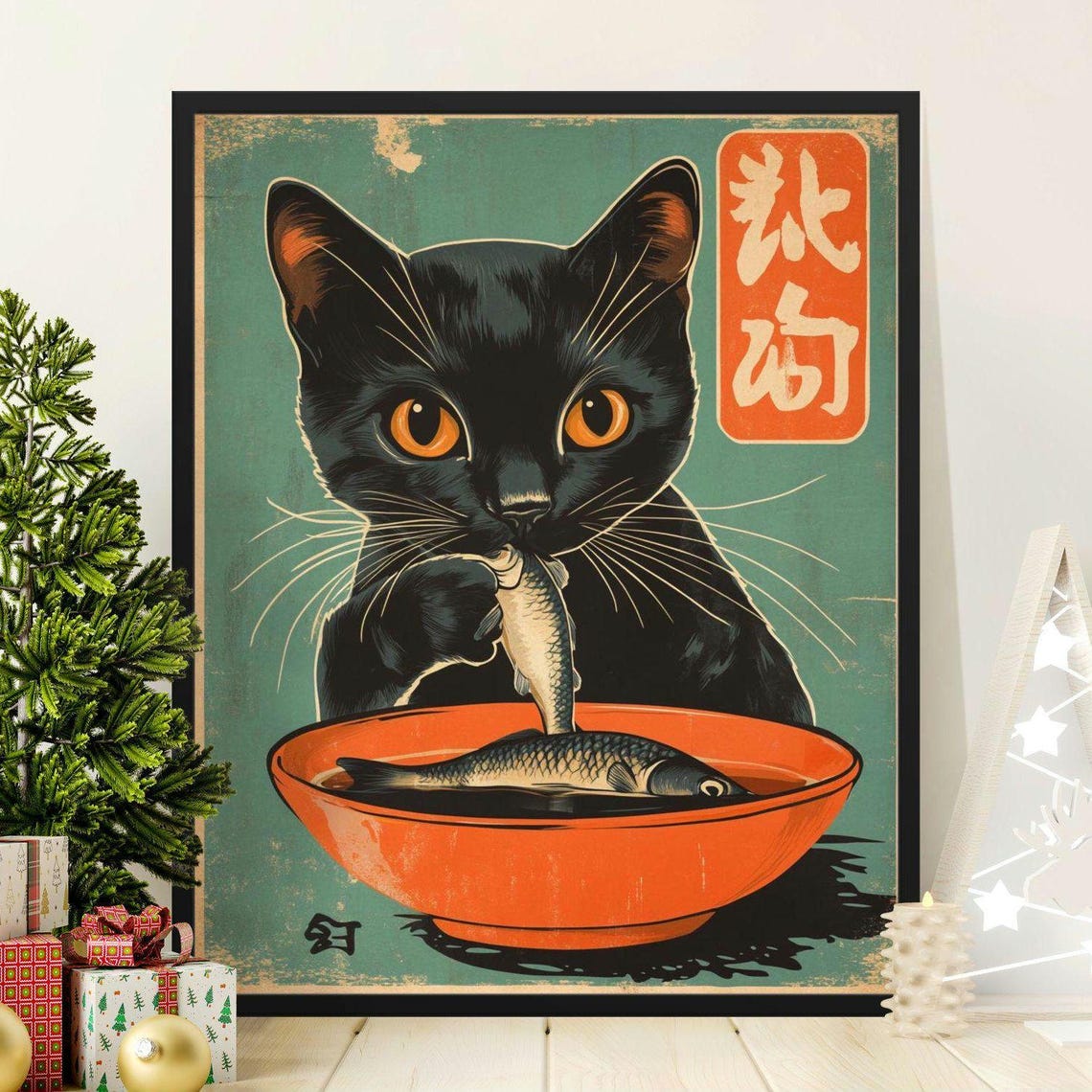 Retro Black Cat Fish Bowl Vintage Japanese Teal Kitchen Art Poster