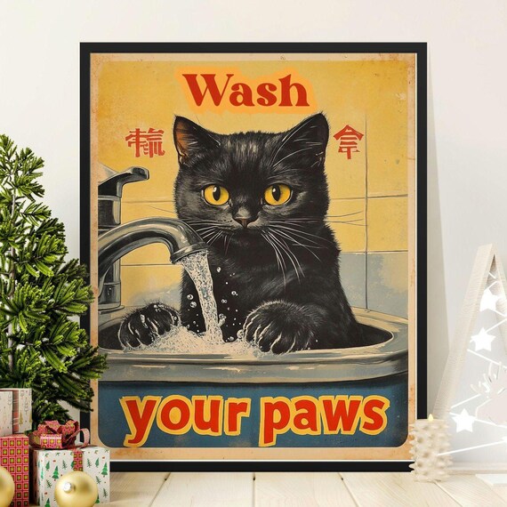 Black Cat Washing Paws In Sink Funny Wash Your Paws Bathroom Wall Art Poster