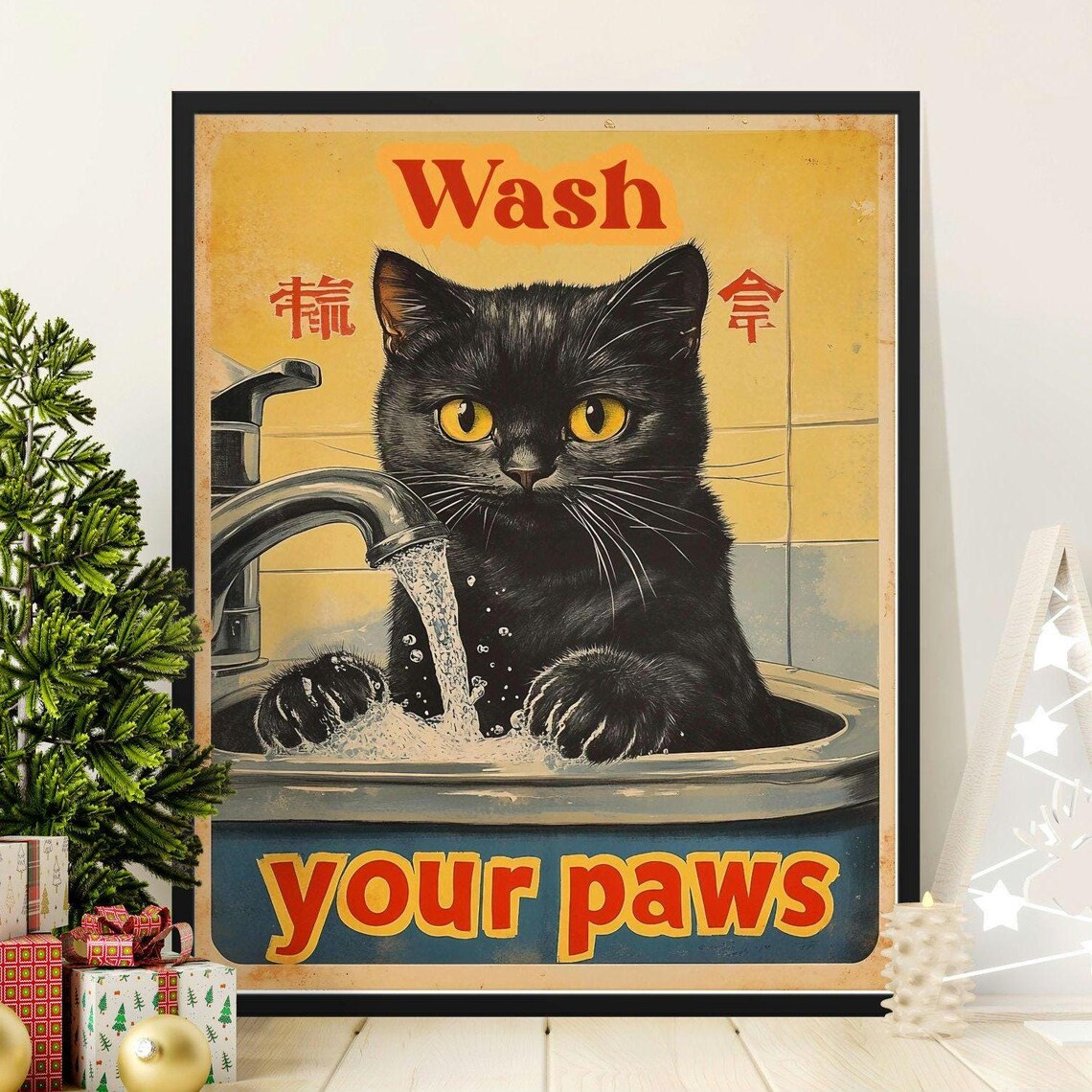 Black Cat Washing Paws In Sink Funny Wash Your Paws Bathroom Wall Art Poster