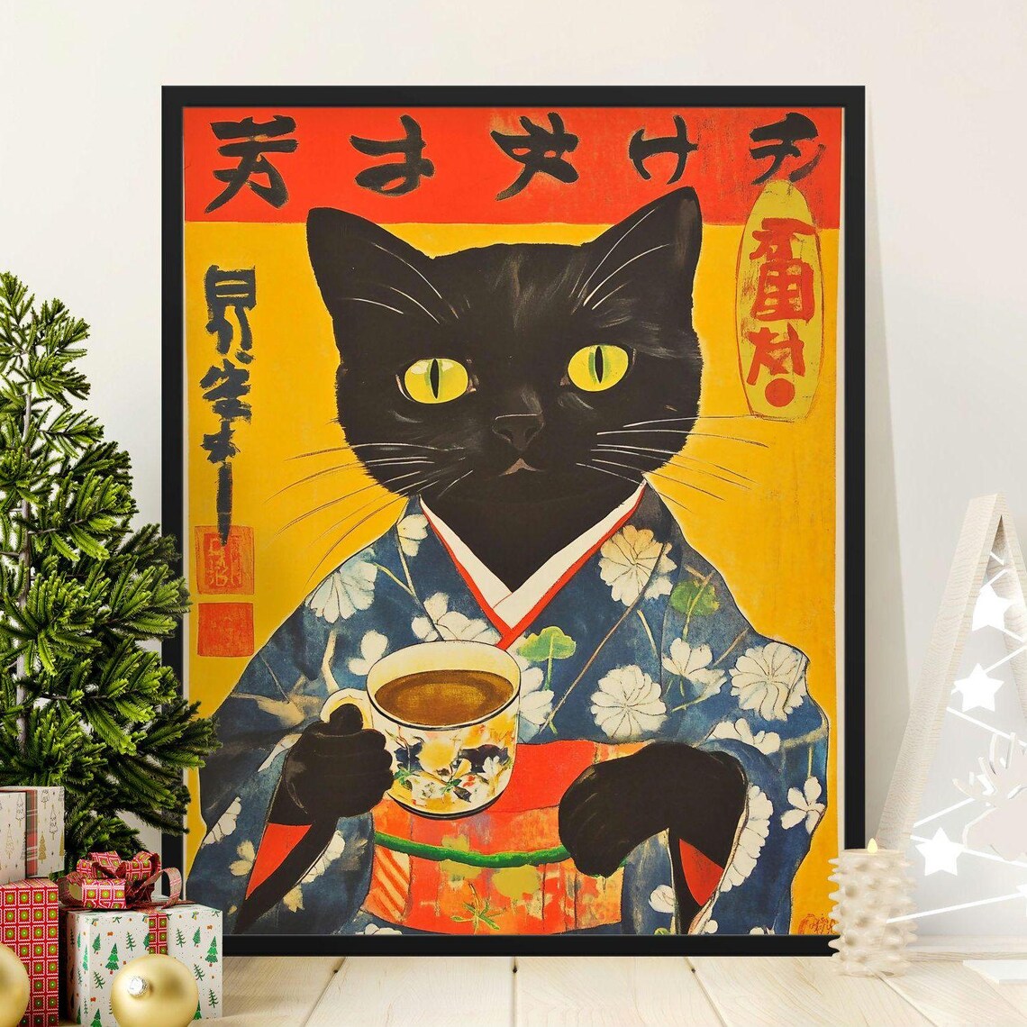 Vintage Black Cat Kimono Tea Cup Japanese Culture Retro Art Poster
