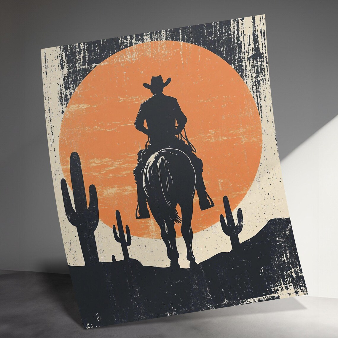 Cowboy Silhouette Riding Horse Toward Desert Sun Western Art Print - Image 3