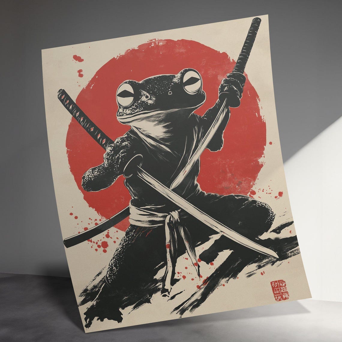 Samurai Frog Warrior With Katana Red Sun Japanese Ink Art Poster - Image 3