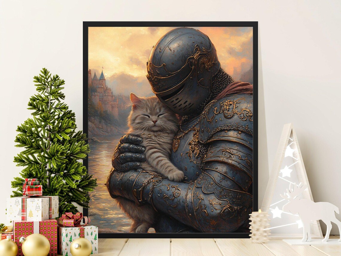Armored Knight Cuddling Tabby Cat Castle Sunset Fantasy Wall Art Poster