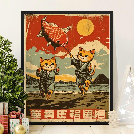 Playful Kittens Beach Fish Balloon Mount Fuji Sunset Retro Art Poster