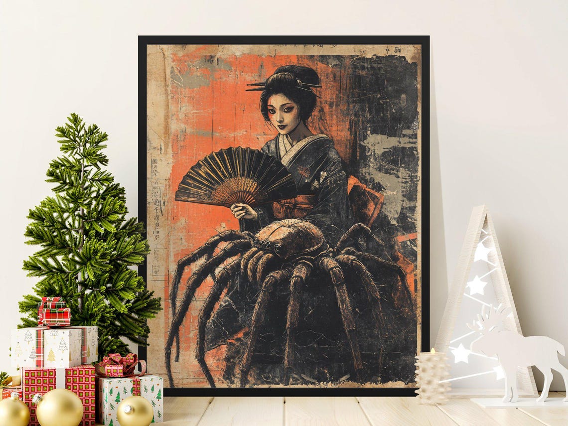 Japanese Geisha With Giant Spider Dark Vintage Gothic Style Poster - Image 2