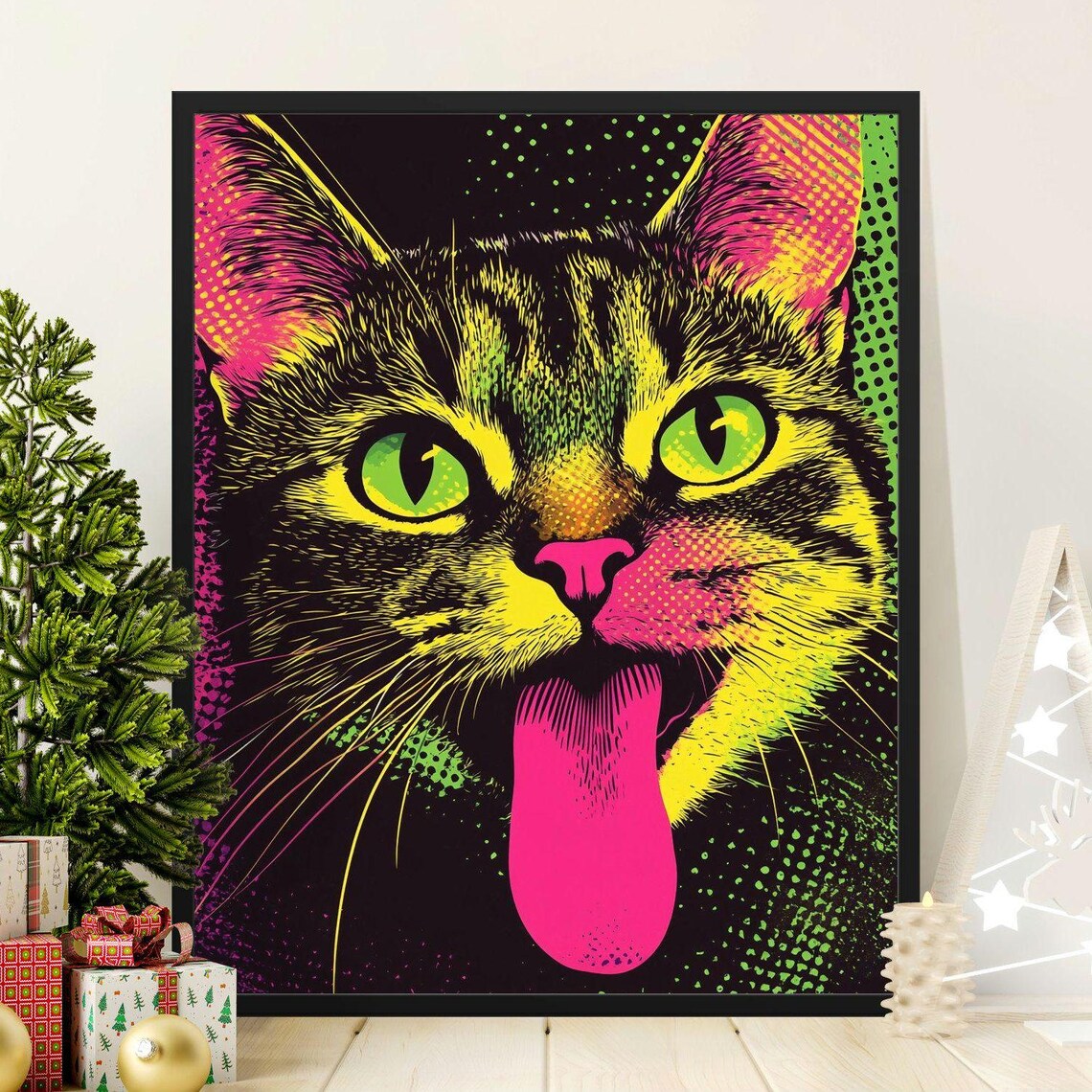 Neon Pop Art Cat Face Bright Pink Green Tongue Out Funky Modern Art Poster