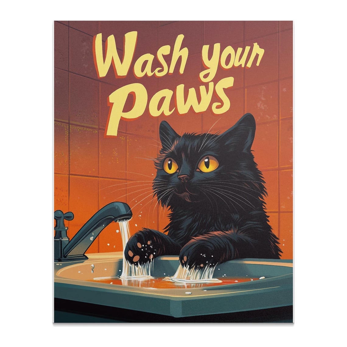 Wash Your Paws Black Cat Retro Bathroom Sink Funny Kitten Art Poster - Image 2