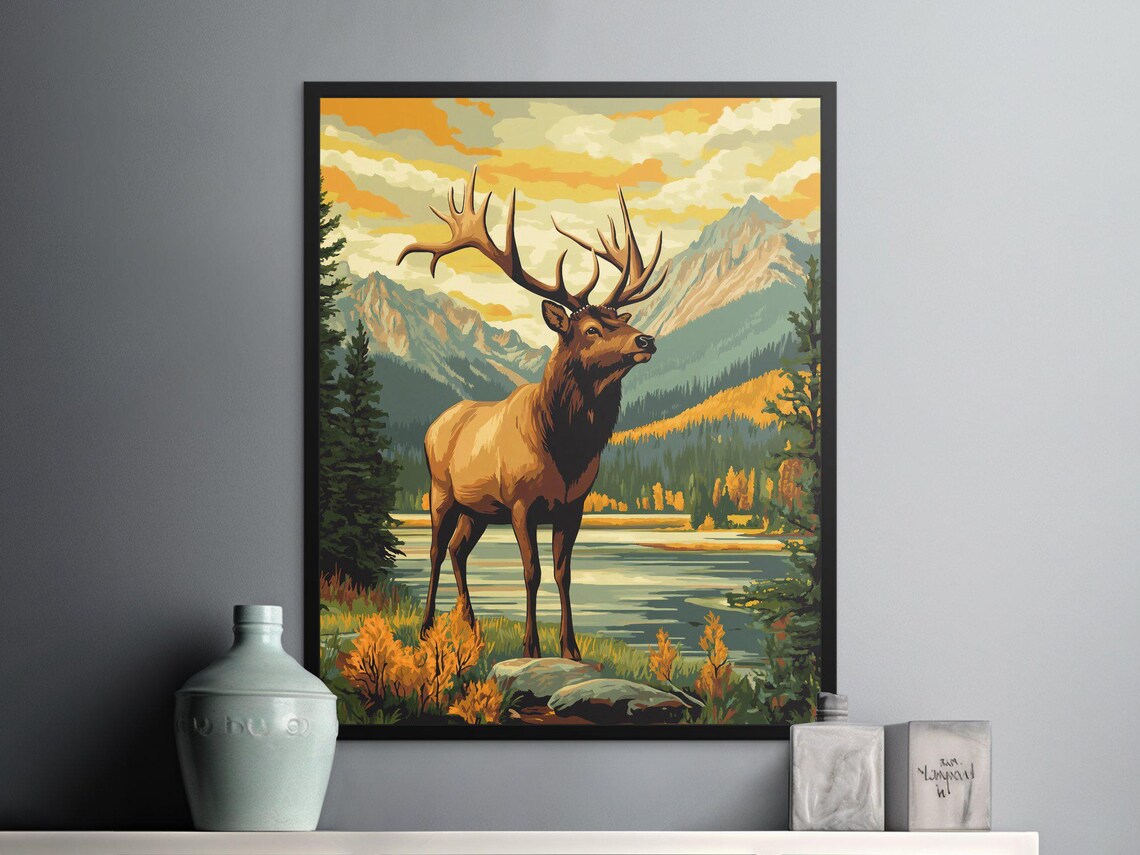 Majestic Elk Lakeside Autumn Mountains Golden Sunset Wildlife Art Poster - Image 2