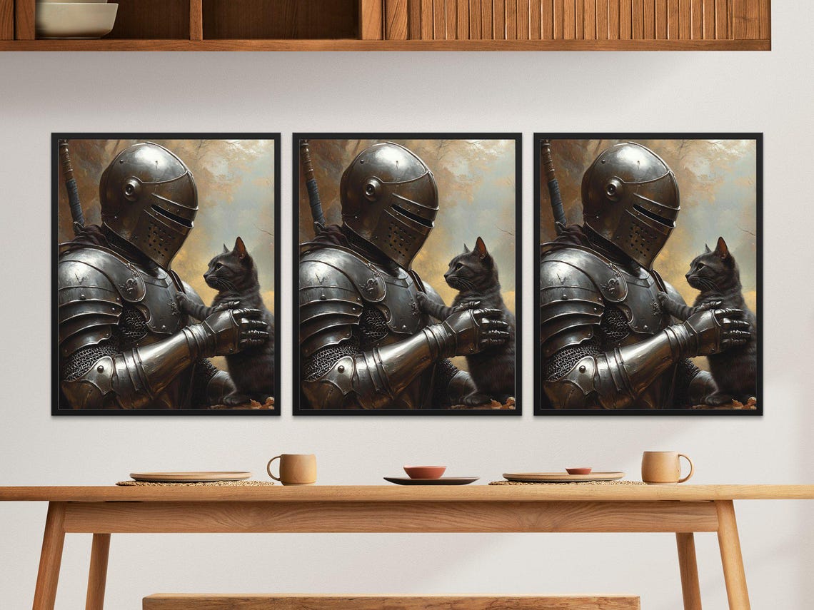 Medieval Knight Holding Black Cat Fantasy Historical Wall Art Poster - Image 2