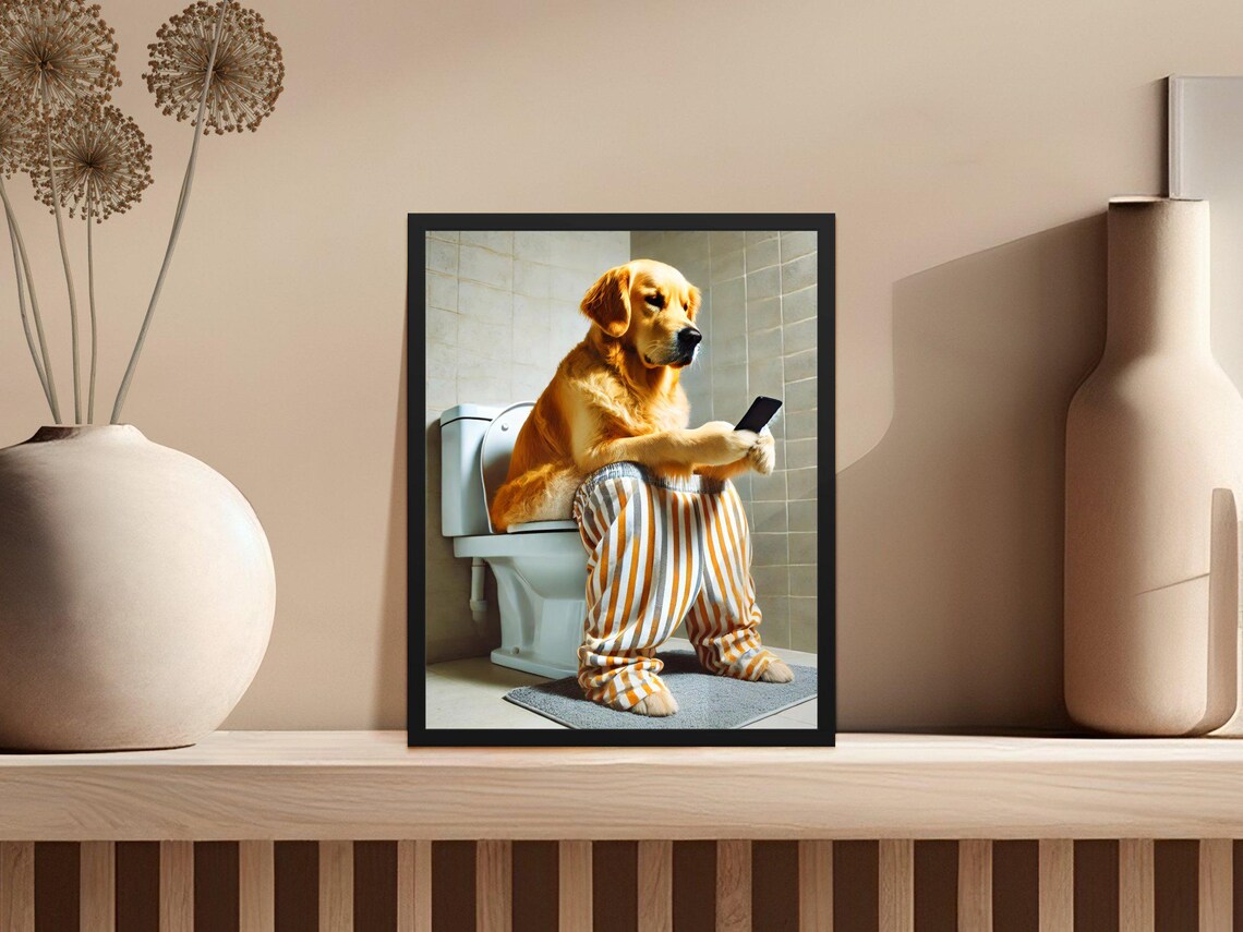 Silly Funny Golden Retriever On Toilet With Phone Bathroom Poster - Image 2