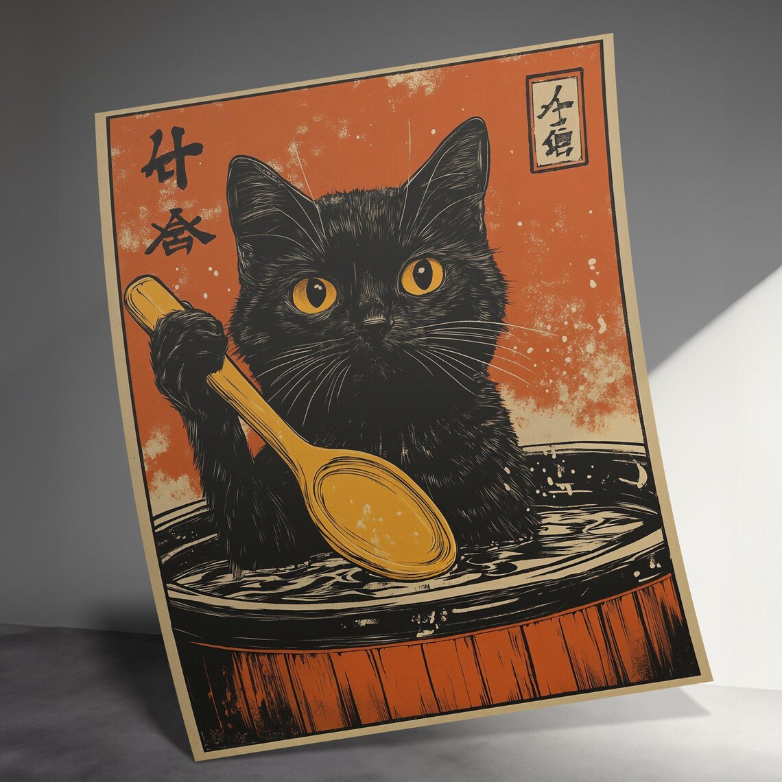 Black Cat In Wooden Barrel Holding Spoon Vintage Japanese Style Cat Poster - Image 3