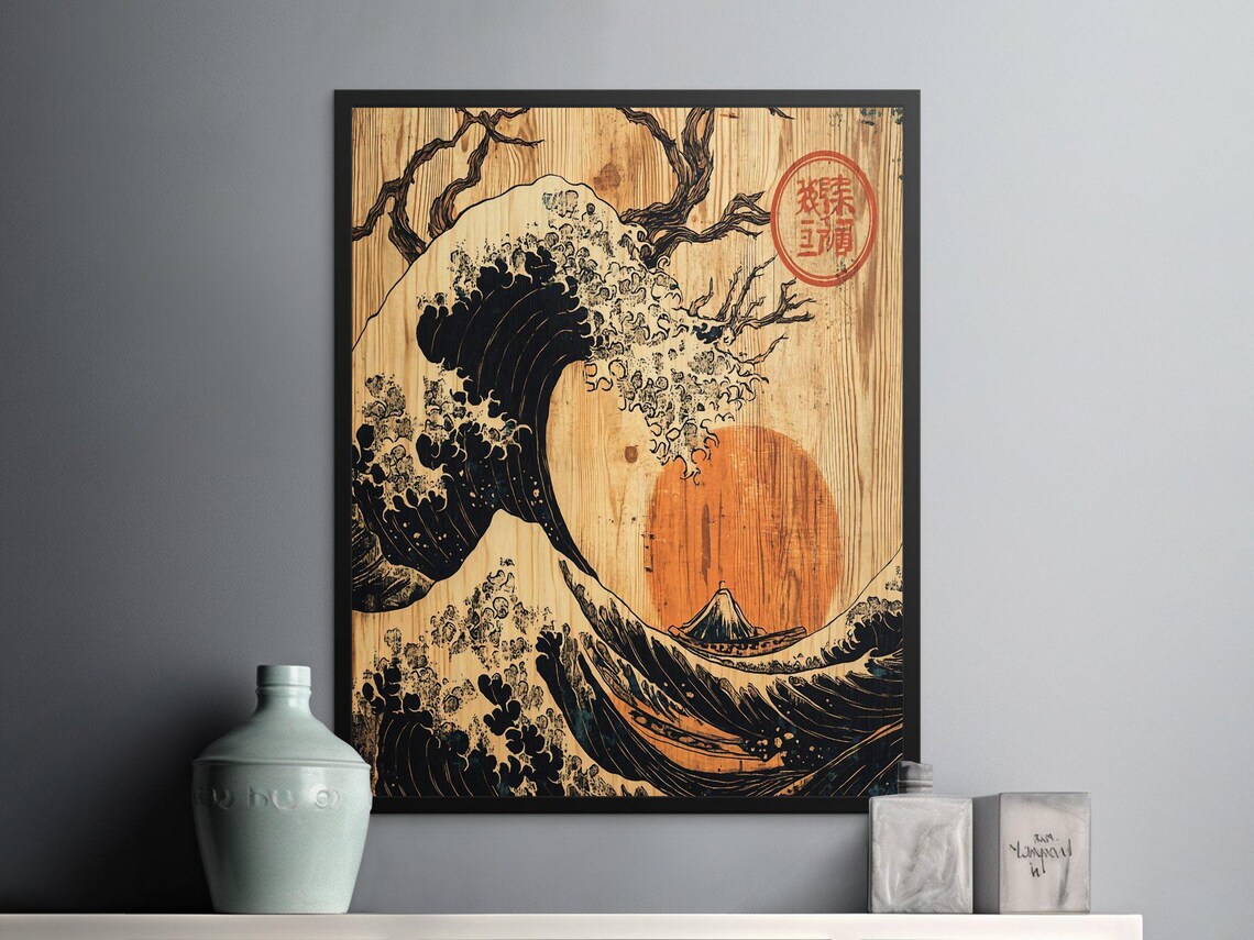 Japanese Great Wave On Wood Grain Red Sun Woodblock Art Poster - Image 2