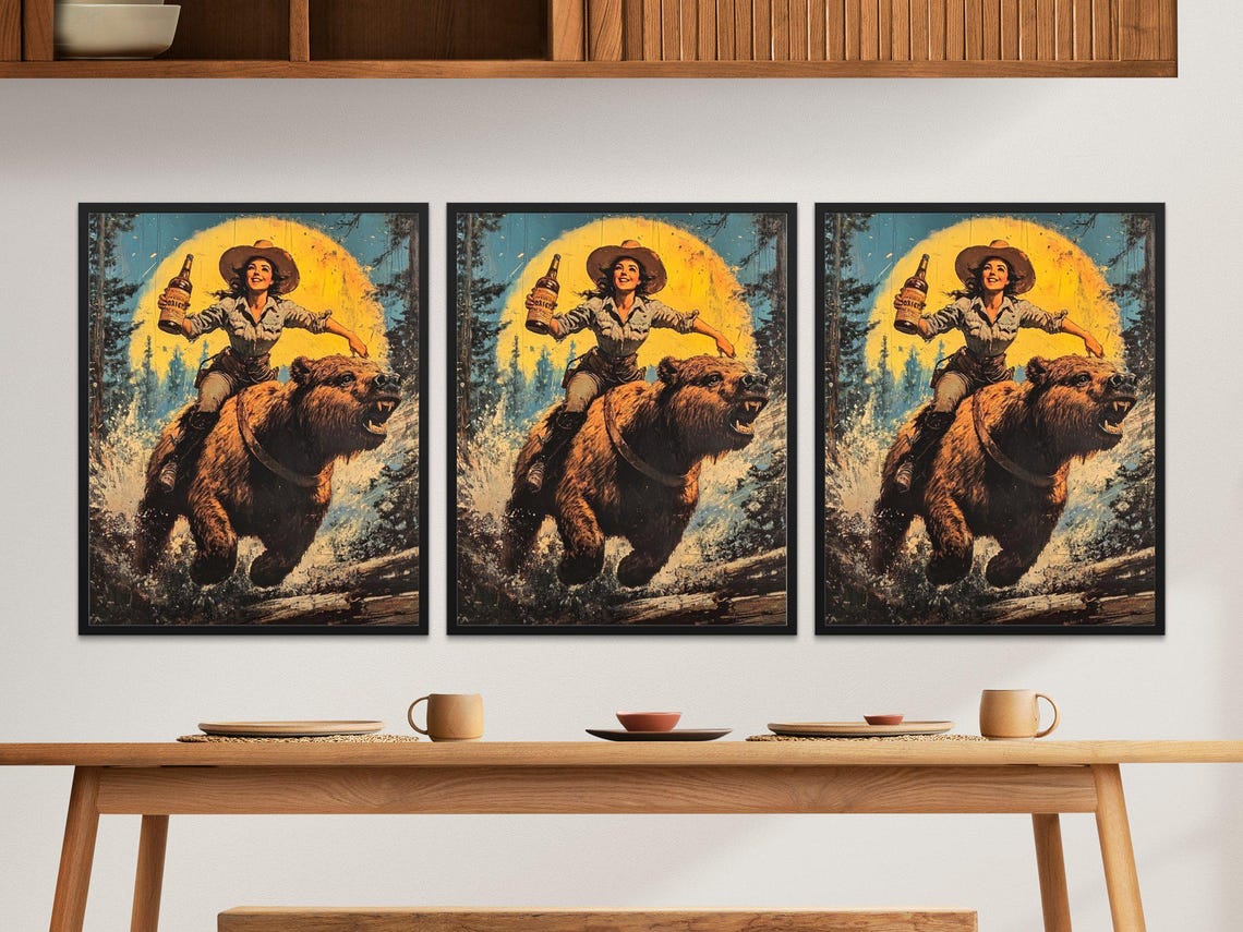 Midnight Cowgirl Riding Bear Under Full Moon Beer Toast Poster - Image 2
