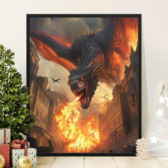 Dragon Fantasy Art Fire Breathing Dragon Poster Epic Dragon Attack Wall Art Medieval Landscape Fantasy Decor Urban Destruction Fantasy