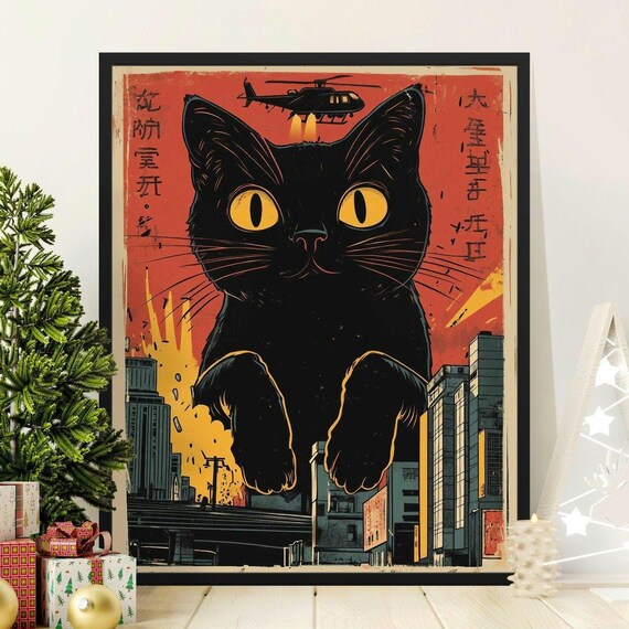 Giant Black Cat With Helicopter Attacking Red City Kaiju Poster