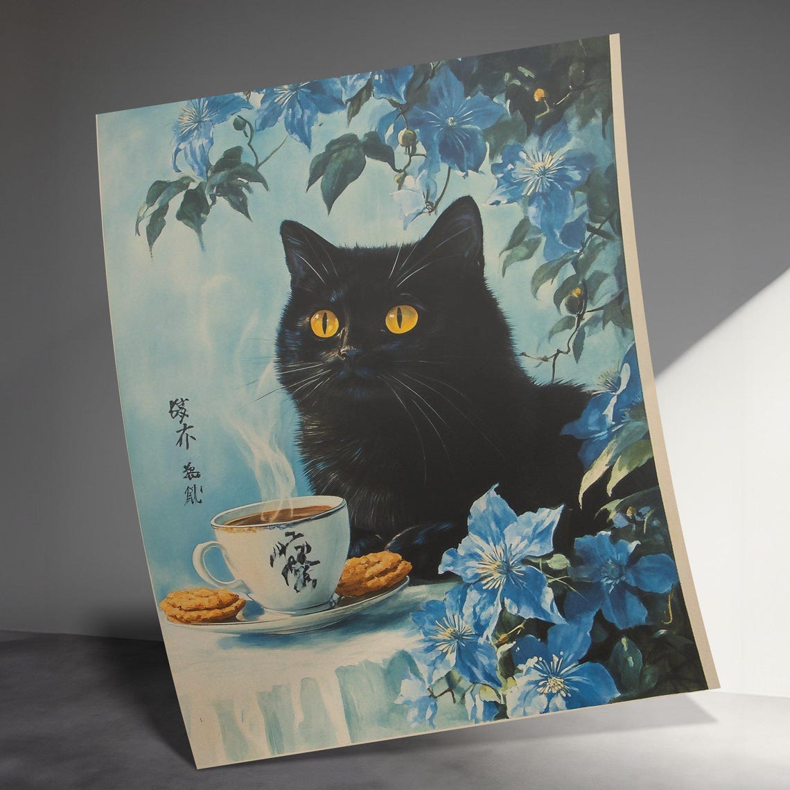 Black Cat With Teacup Cookies And Blue Flowers Vintage Poster - Image 3