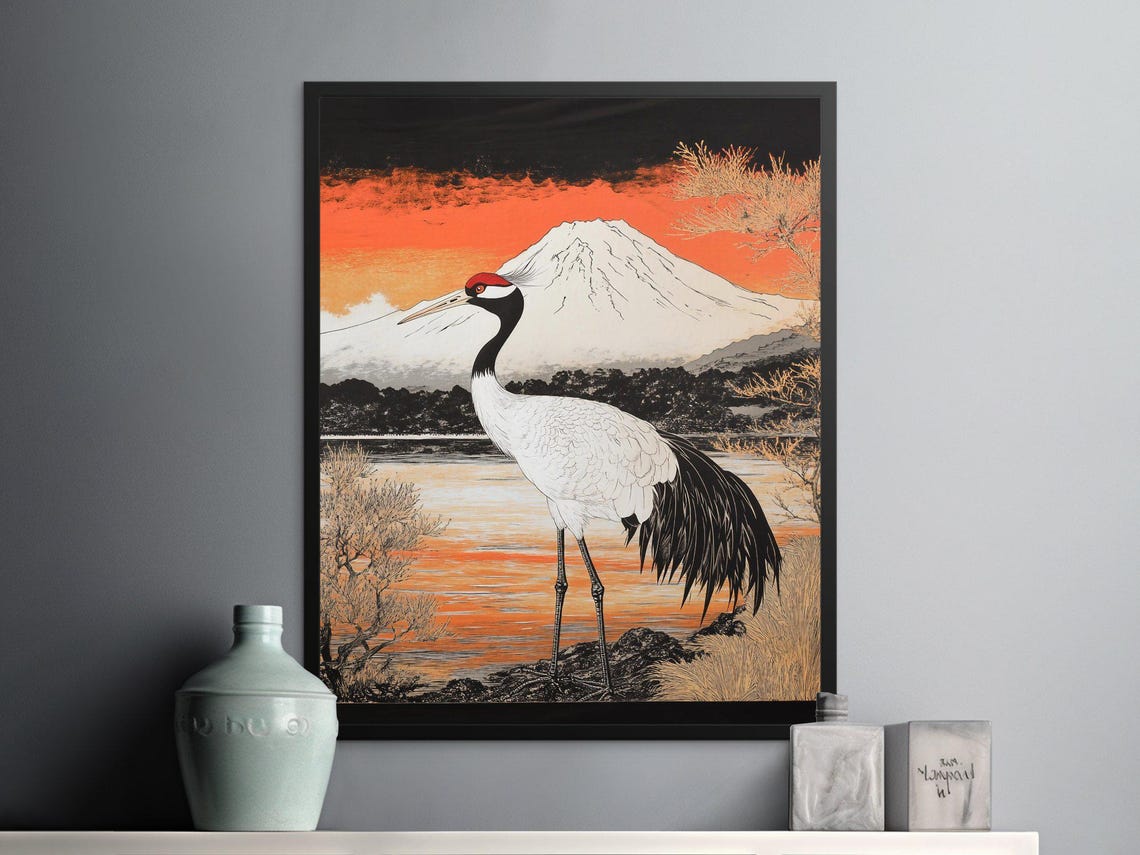 Red Crowned Crane Lake Mount Fuji Dramatic Sunset Japanese Poster