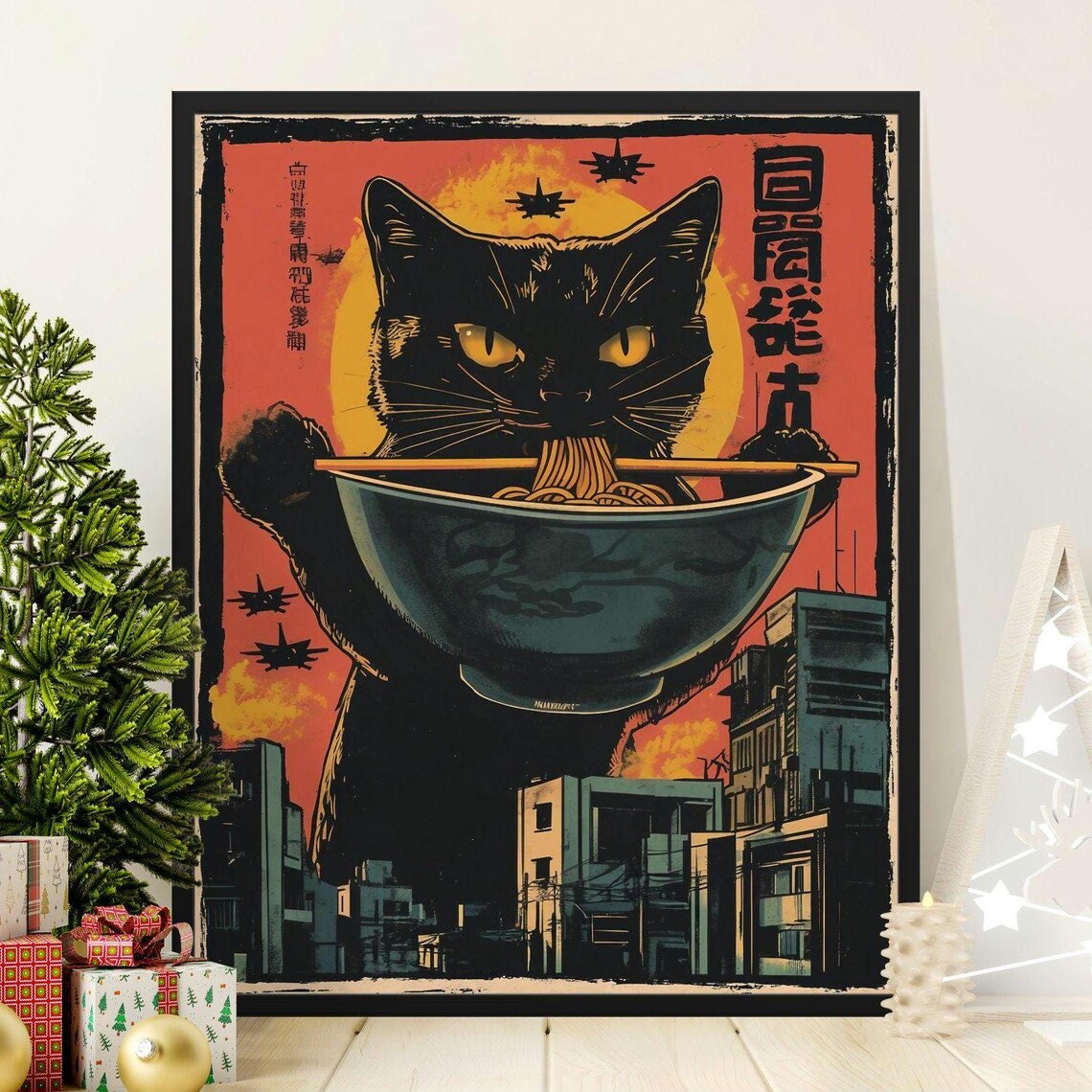 Giant Black Cat Holding Big Ramen Bowl Over Sunset City Poster