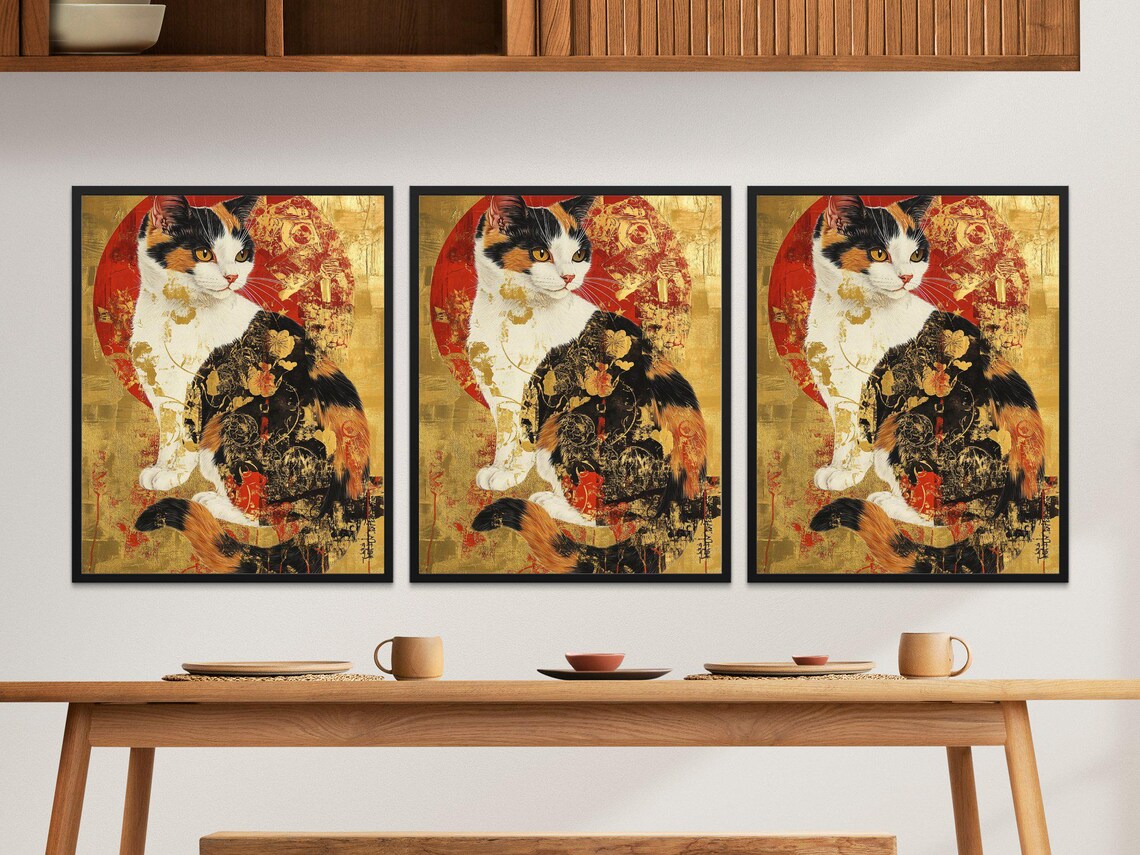Elegant Calico Cat Gold Leaf Painting Red Sun Japanese Art Poster - Image 2