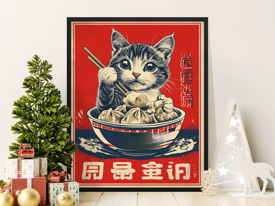 Tabby Cat Eating Dumplings With Chopsticks Chinese Red Poster