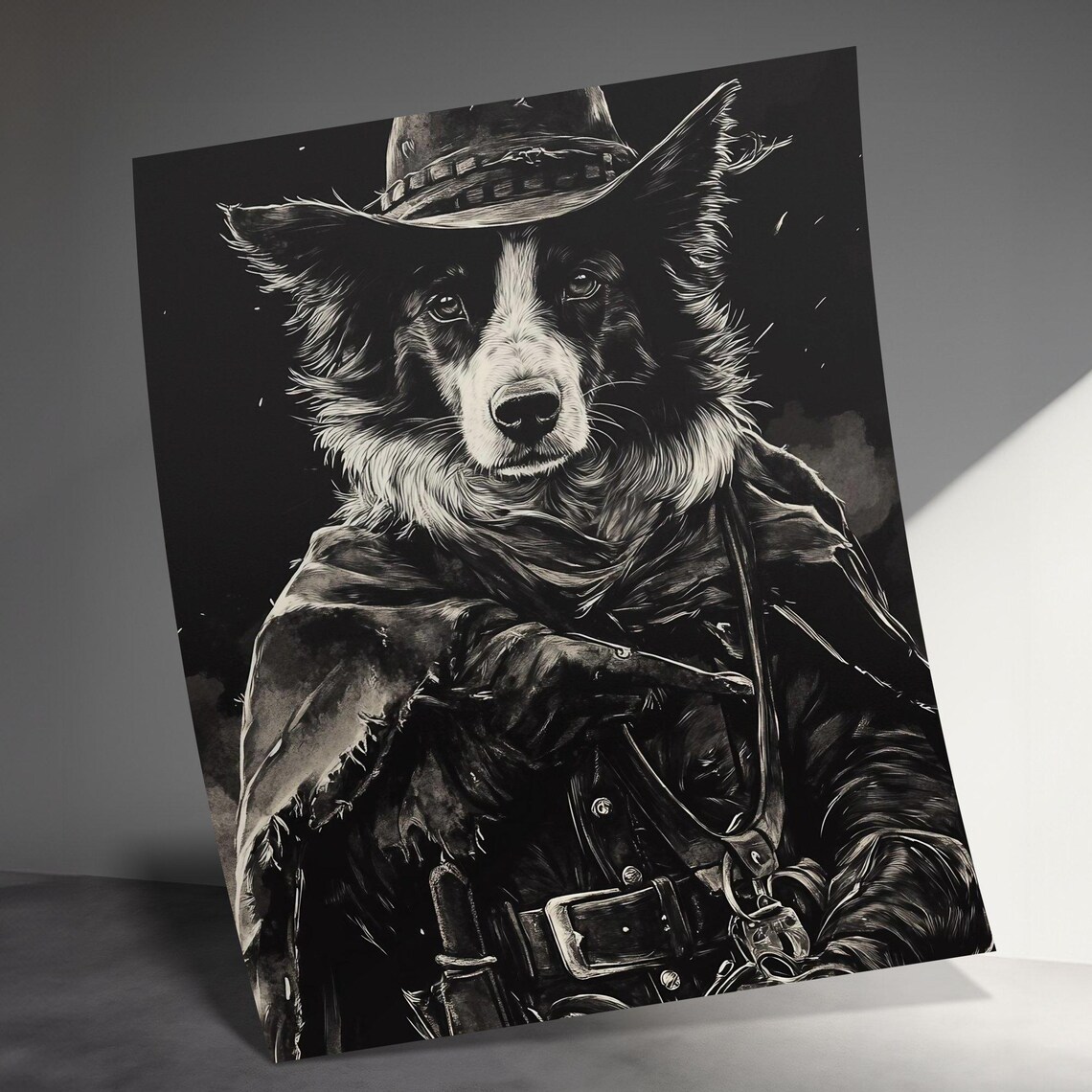 Western Colllie Cowboy Dog Poster Dog In Cowboy Costume Art Unique Dog Lover Gift Western Decor Black And White Poster Wall Art Print - Image 2