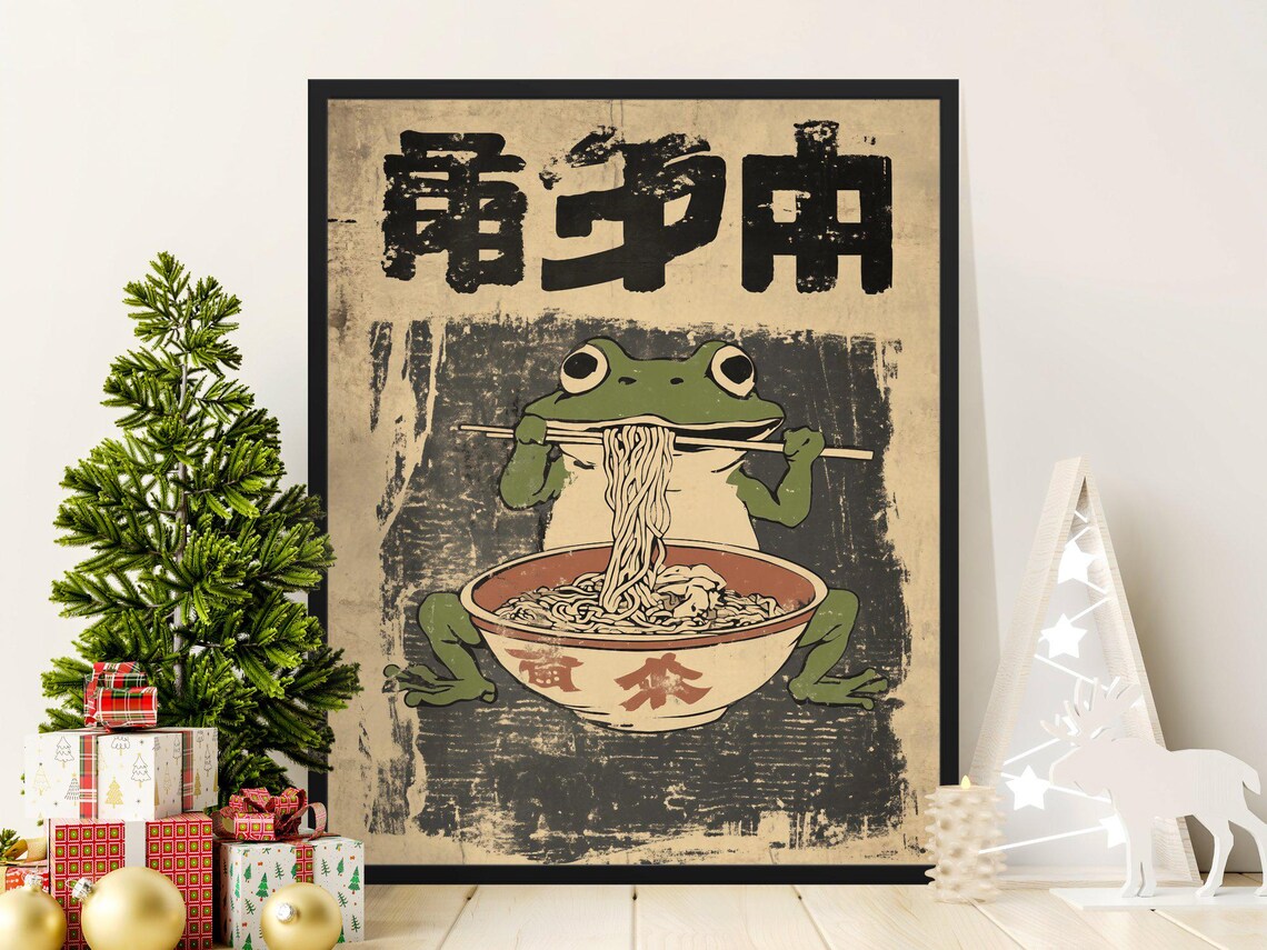 Funny Frog Eating Ramen Chopsticks Grunge Vintage Japanese Noodle Art Poster