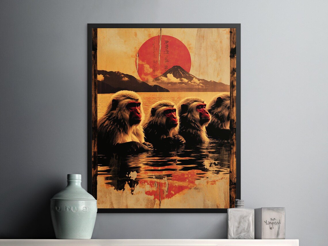 Snow Monkeys Hot Spring Red Sun Mount Fuji Vintage Wall Art Poster