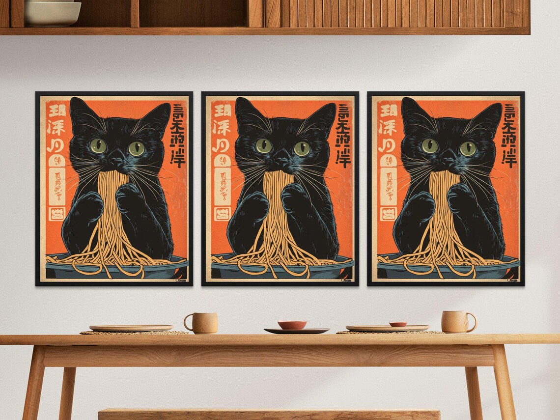 Black Cat Devouring Spaghetti Plate Orange Retro Japanese Noodle Art Poster - Image 2