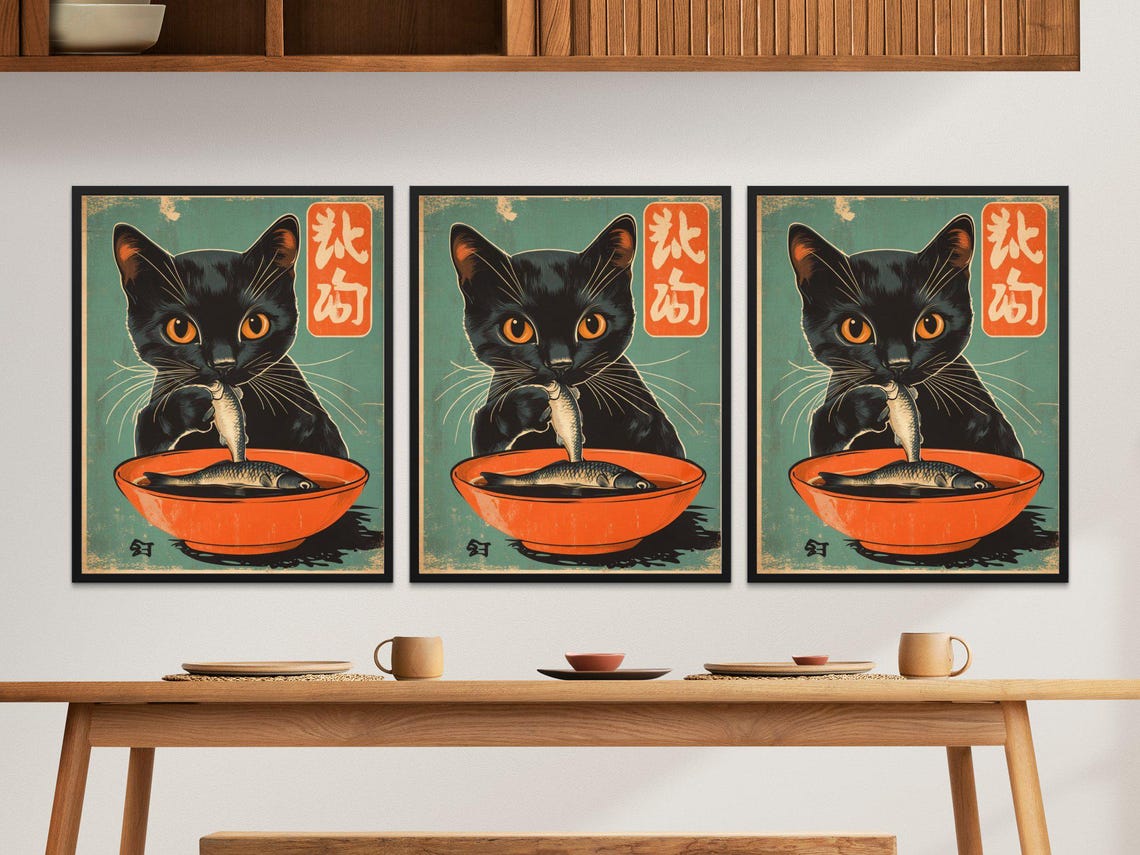 Retro Black Cat Fish Bowl Vintage Japanese Teal Kitchen Art Poster - Image 2