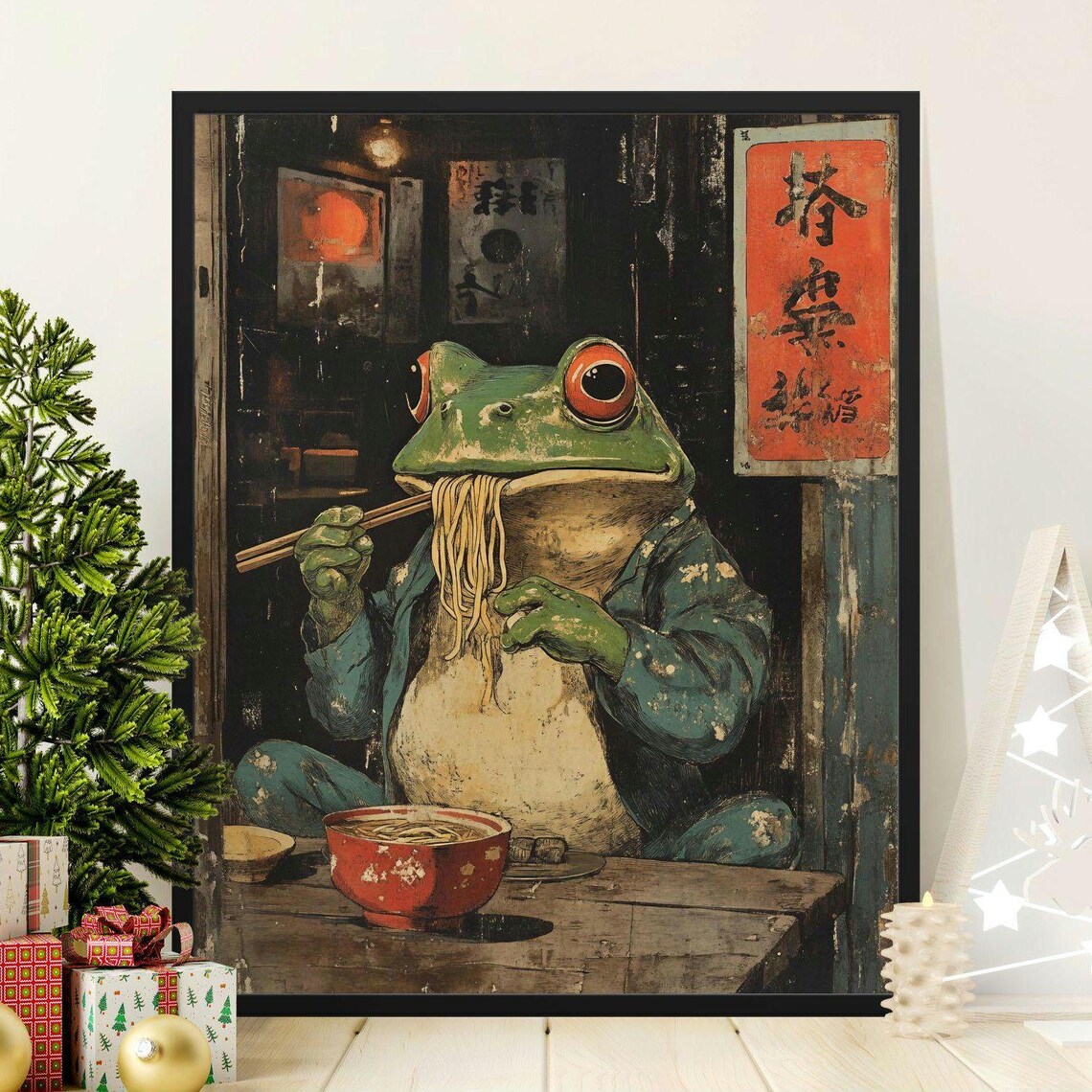Funny Frog Eating Ramen Poster, Quirky Animal Art