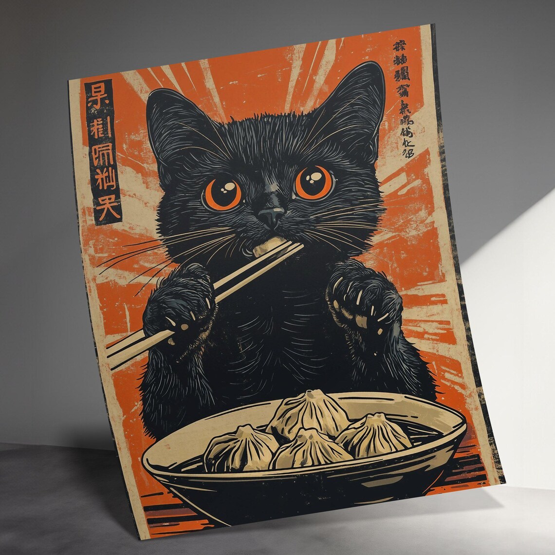 Japanese Black Kitten Eating Dumplings Retro Style Cat Poster Art - Image 3
