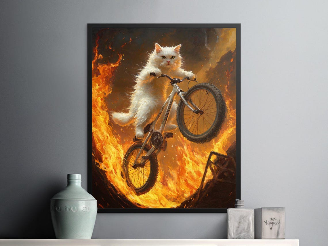 White Cat Riding BMX Bike Fire Ring Stunt Epic Fantasy Wall Art Poster - Image 2