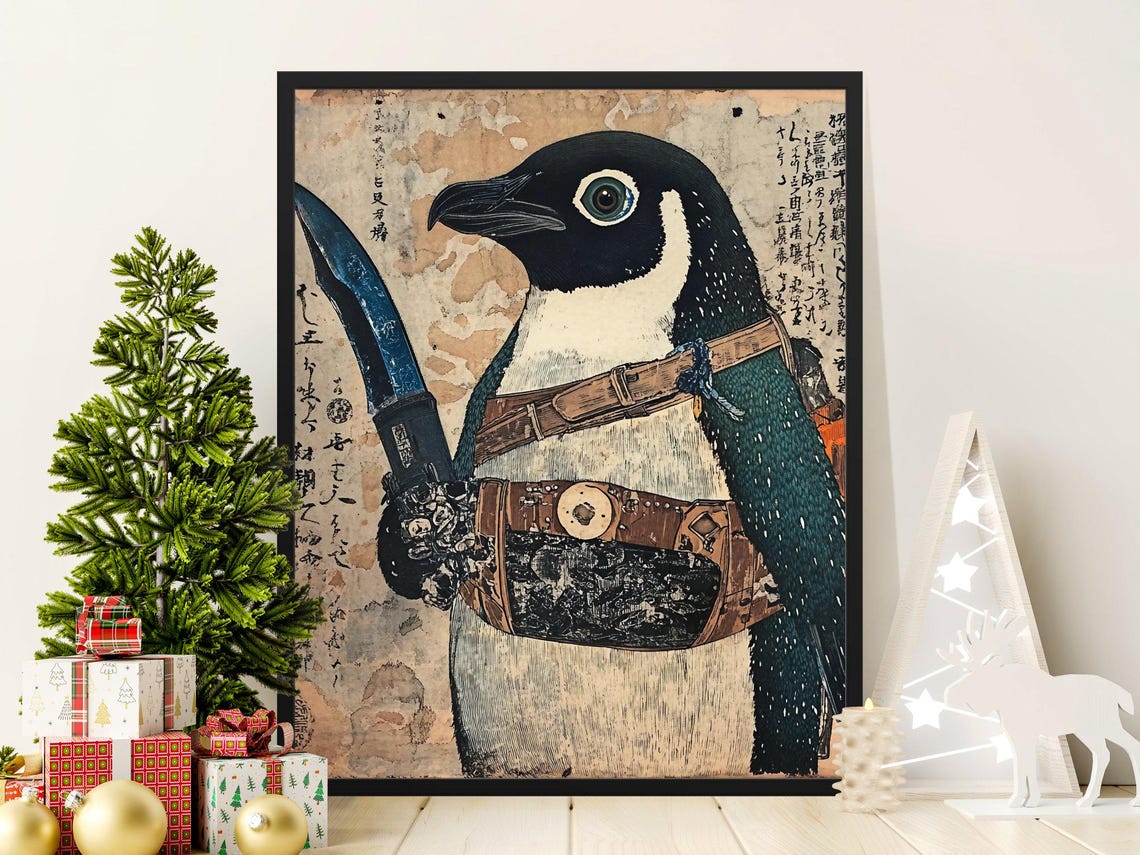 Samurai Penguin With Sword Vintage Japanese Woodblock Style Poster - Image 2