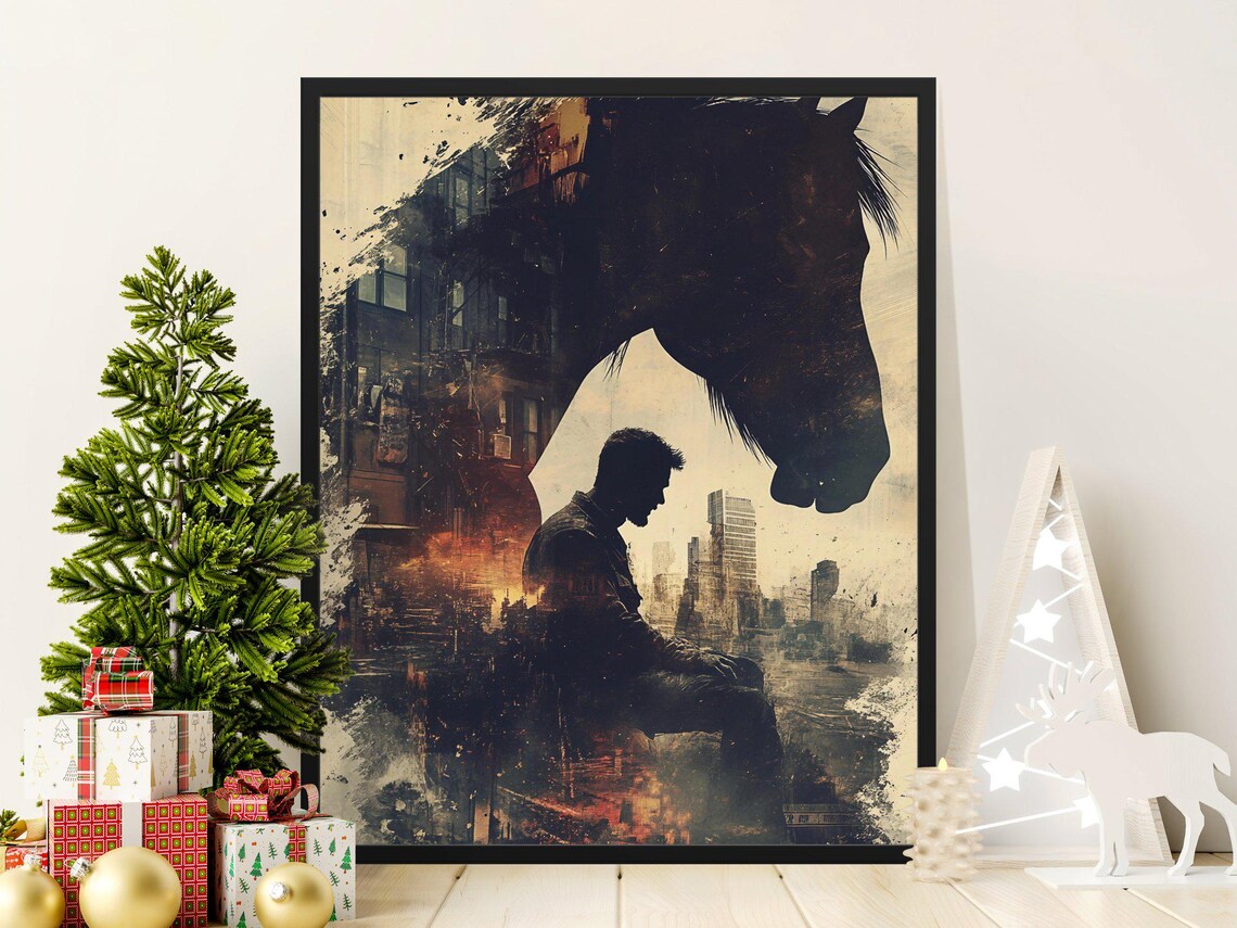 Horse And Cowboy Double Exposure City Sunset Moody Western Art Poster