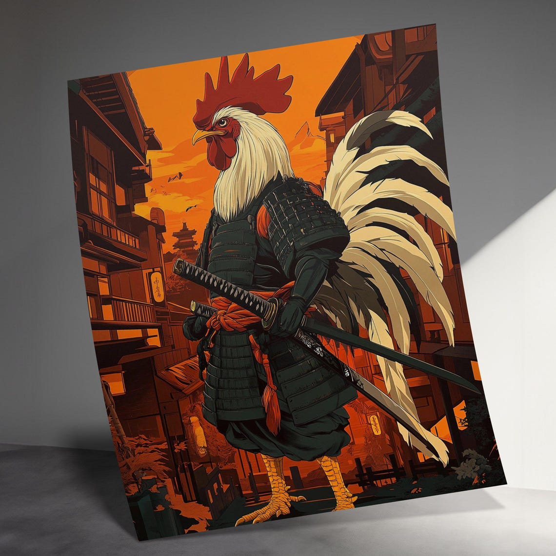 White Rooster Samurai Old Japan Street Sunset Katana Warrior Poster - Image 3