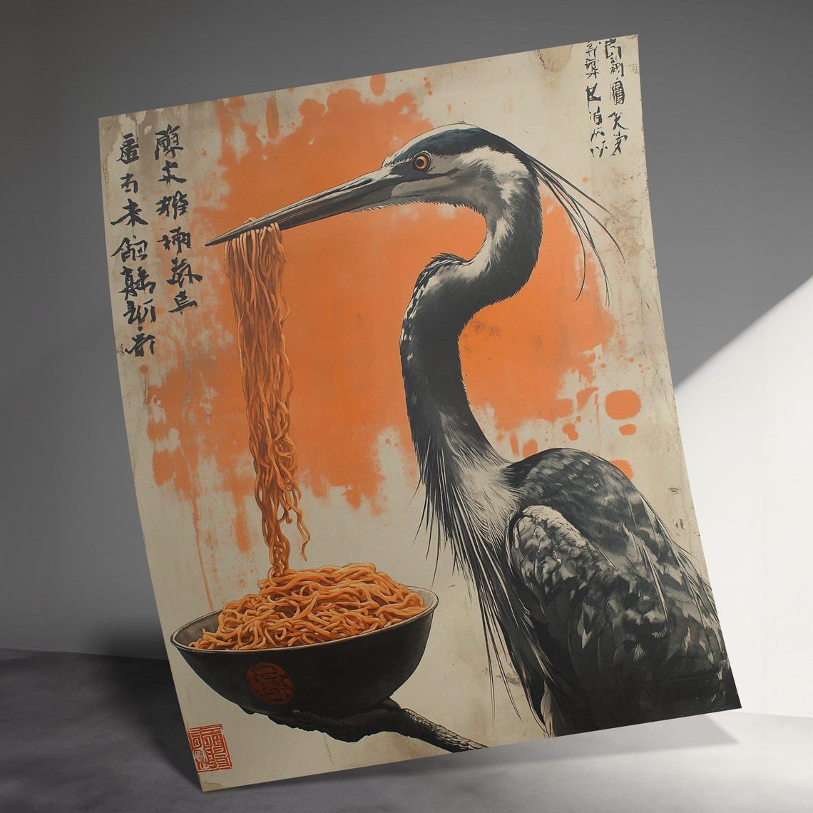 Heron Eating Ramen Beak Japanese Style Bird Kitchen Wall Art Poster - Image 3