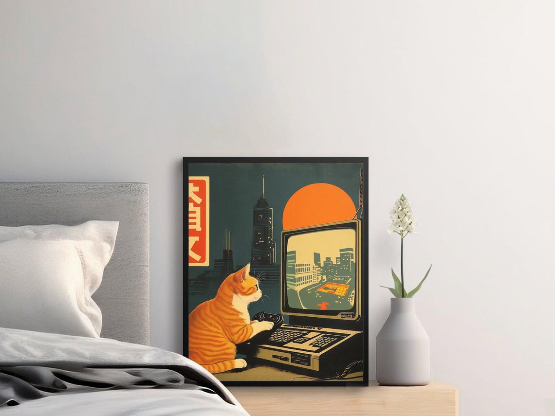 Orange Tabby Cat Playing Retro Video Game City Sunset Gamer Poster - Image 2
