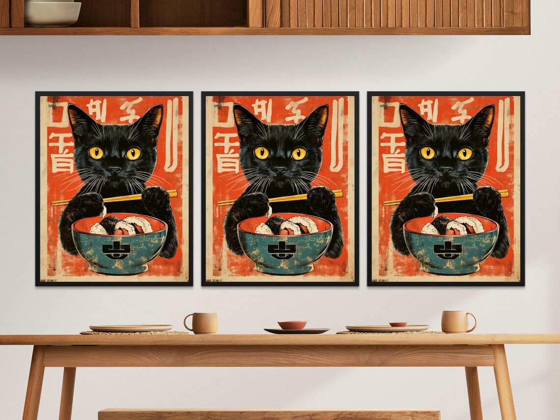 Black Cat Holding Bowl Of Sushi Chopsticks Red Retro Japanese Food Poster - Image 2